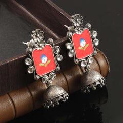 Oxidised Silver Plated Enamel Jhumka Earrings