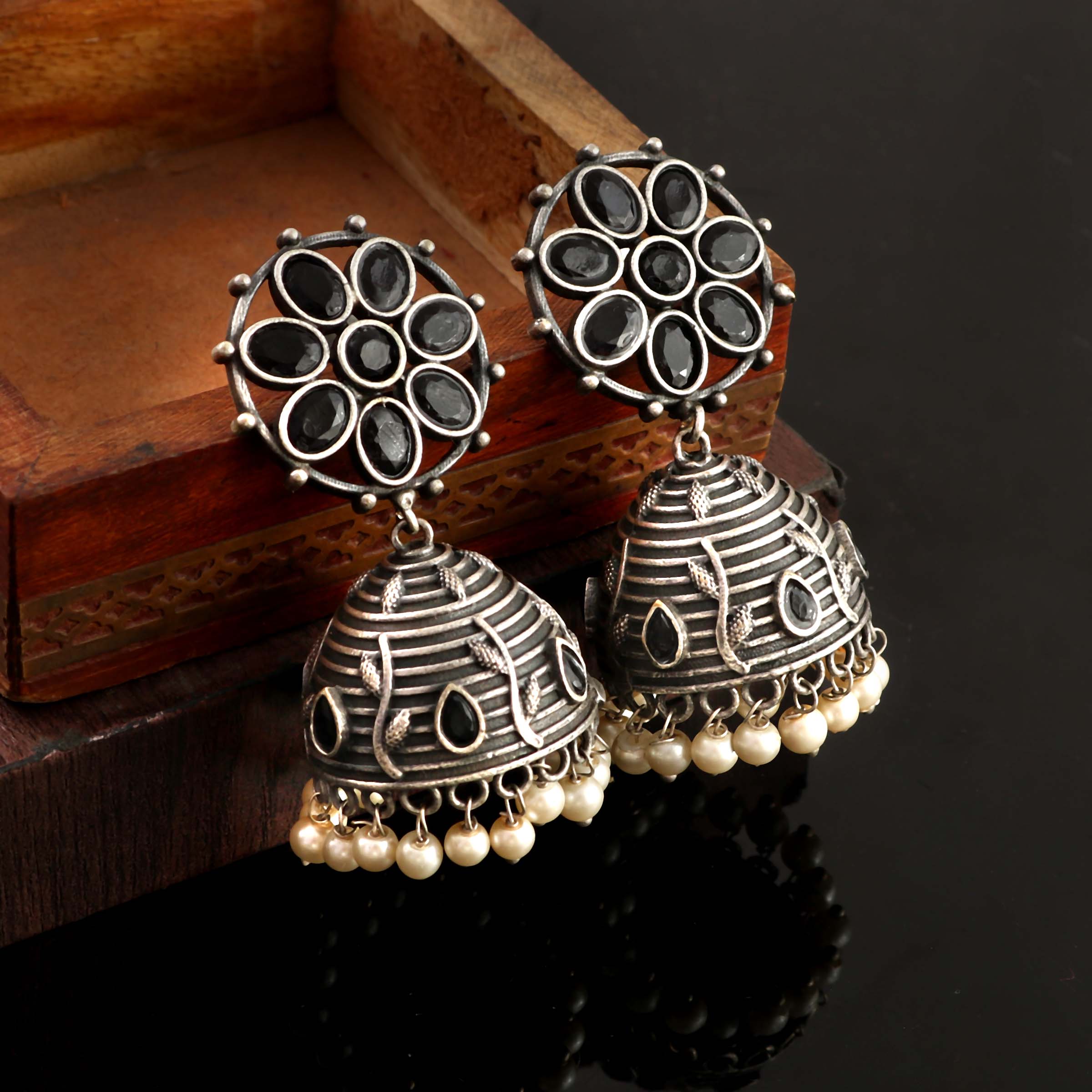 Brass Oxidized Silver Plated Stone Studded Jhumka Earring - Sarichka Fashion