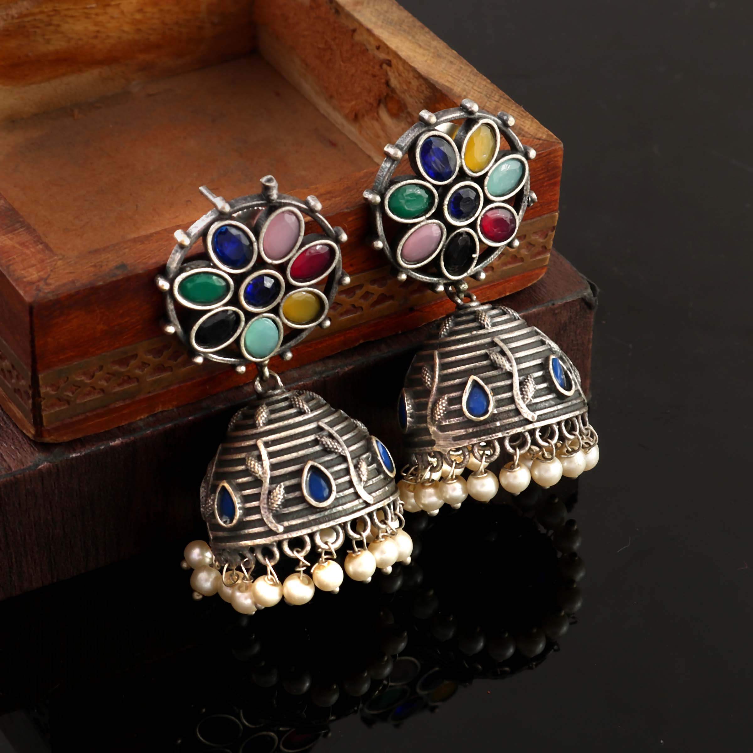 Brass Oxidized Silver Plated Stone Studded Jhumka Earring - Sarichka Fashion
