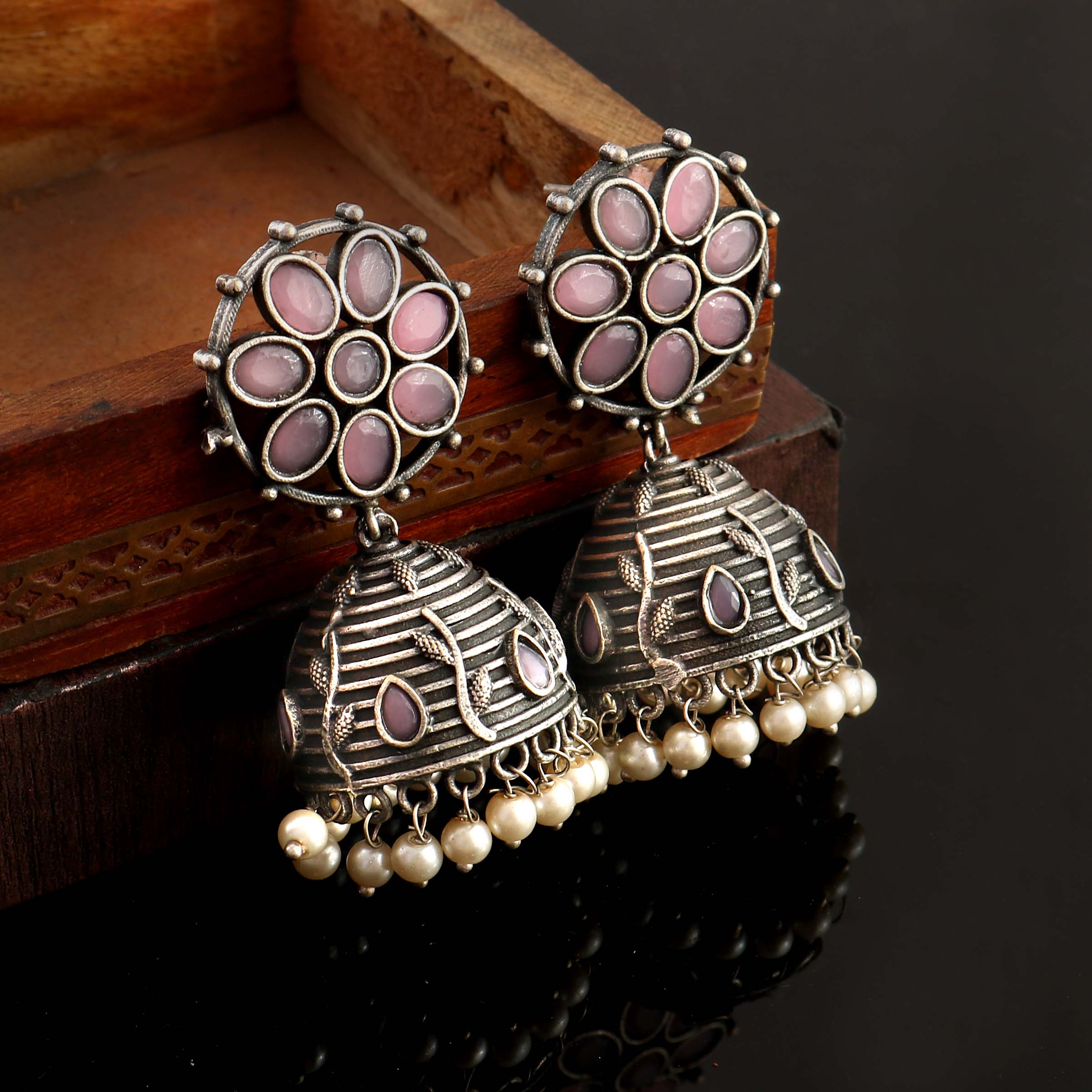 Brass Oxidized Silver Plated Stone Studded Jhumka Earring - Sarichka Fashion