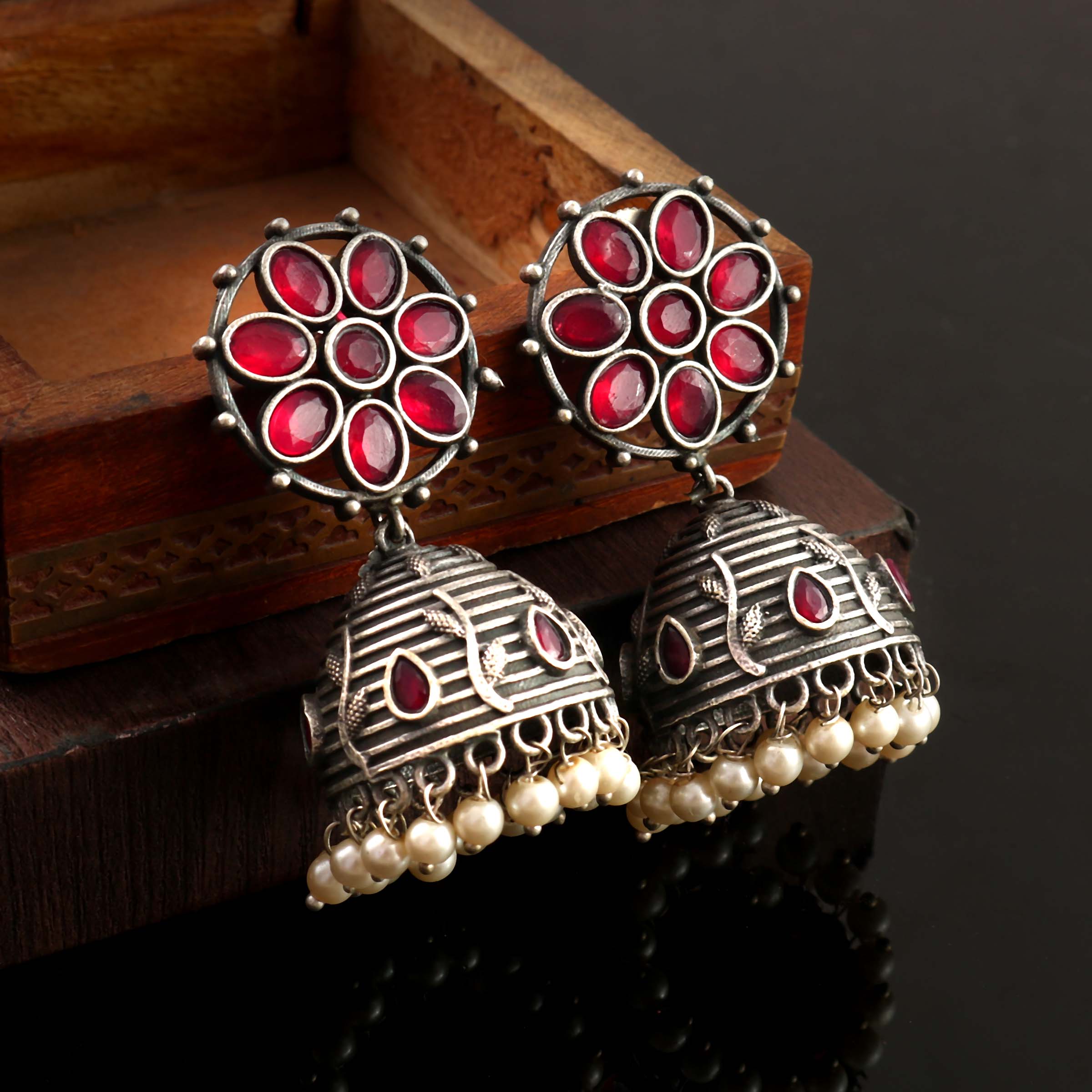 Brass Oxidized Silver Plated Stone Studded Jhumka Earring - Sarichka Fashion