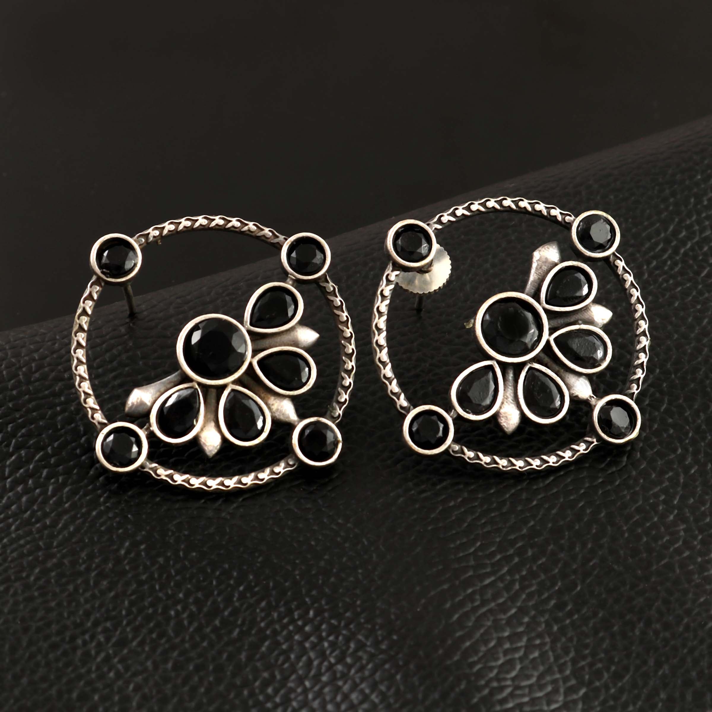 Oxidized Silver Plated Circular Stone Studded Earring - Sarichka Fashion