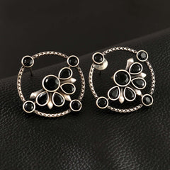 Oxidized Silver Plated Circular Stone Studded Earring - Sarichka Fashion