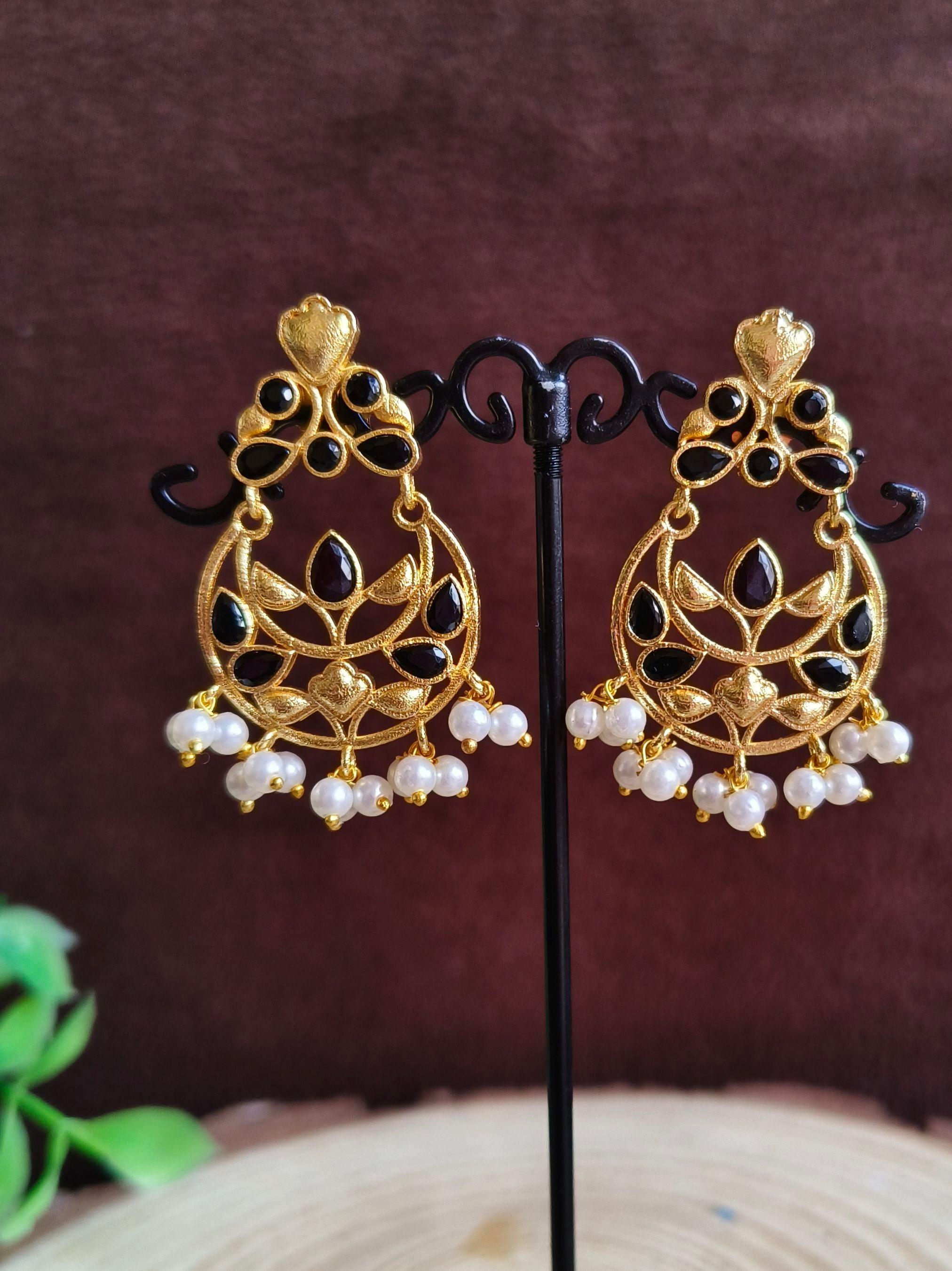 Gold Plated Chandbali Danglers with Stones & Pearls | Sarichka