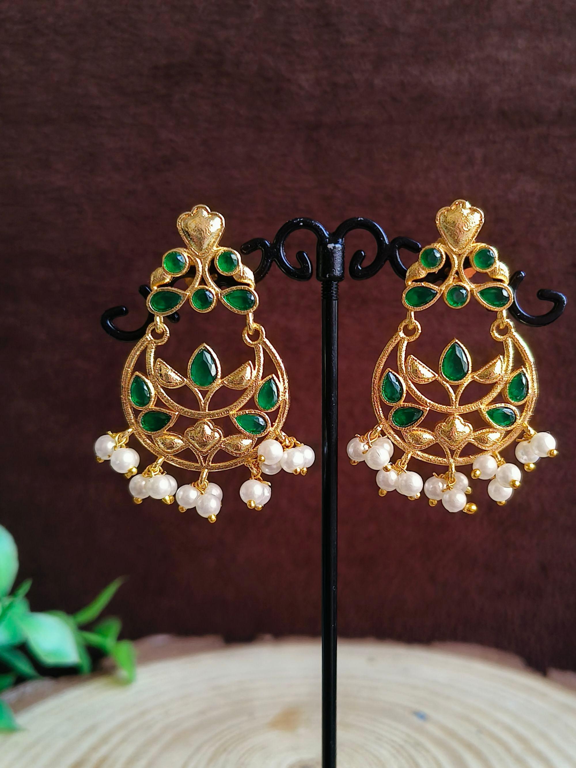 Gold Plated Chandbali Danglers with Stones & Pearls | Sarichka