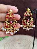 Gold Plated Chandbali Danglers with Stones & Pearls | Sarichka