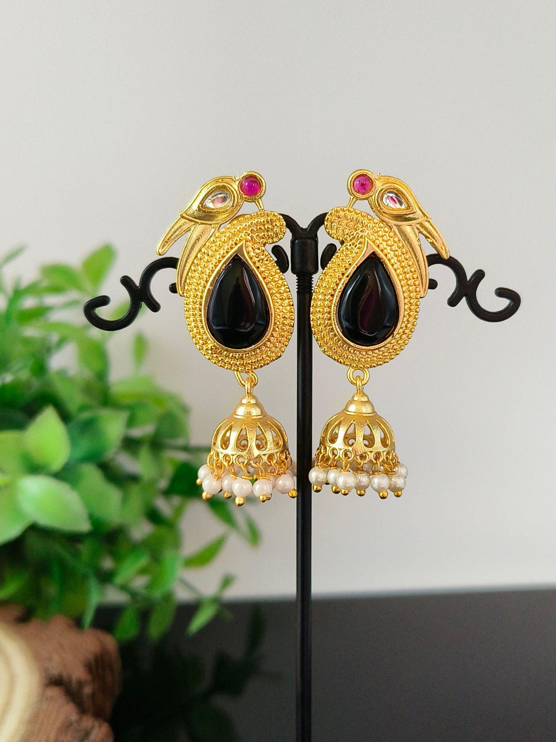 Long Gold Plated Jhumka Earring With Pearl and Monalisa Stone | Sarichka