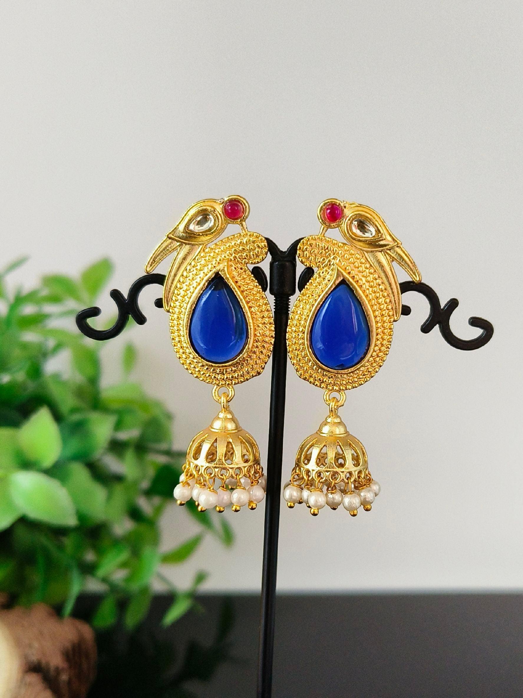 Long Gold Plated Jhumka Earring With Pearl and Monalisa Stone | Sarichka