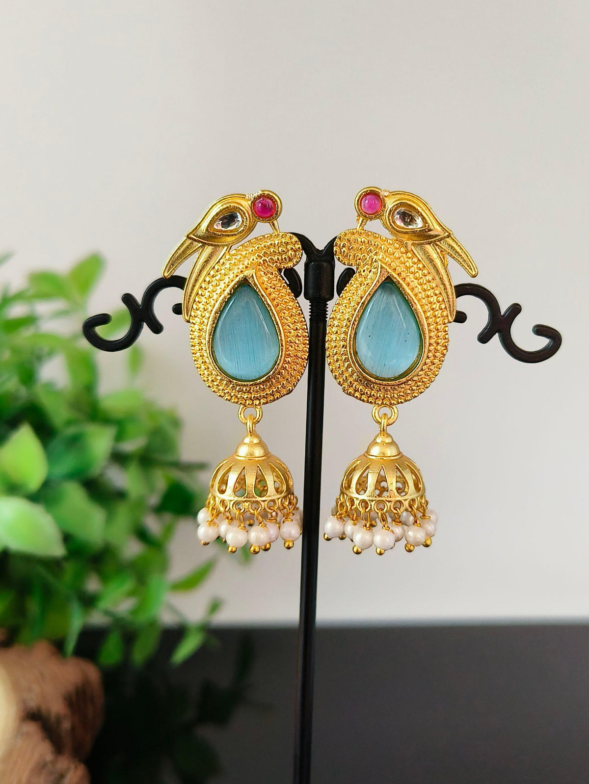 Long Gold Plated Jhumka Earring With Pearl and Monalisa Stone | Sarichka