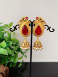 Long Gold Plated Jhumka Earring With Pearl and Monalisa Stone | Sarichka