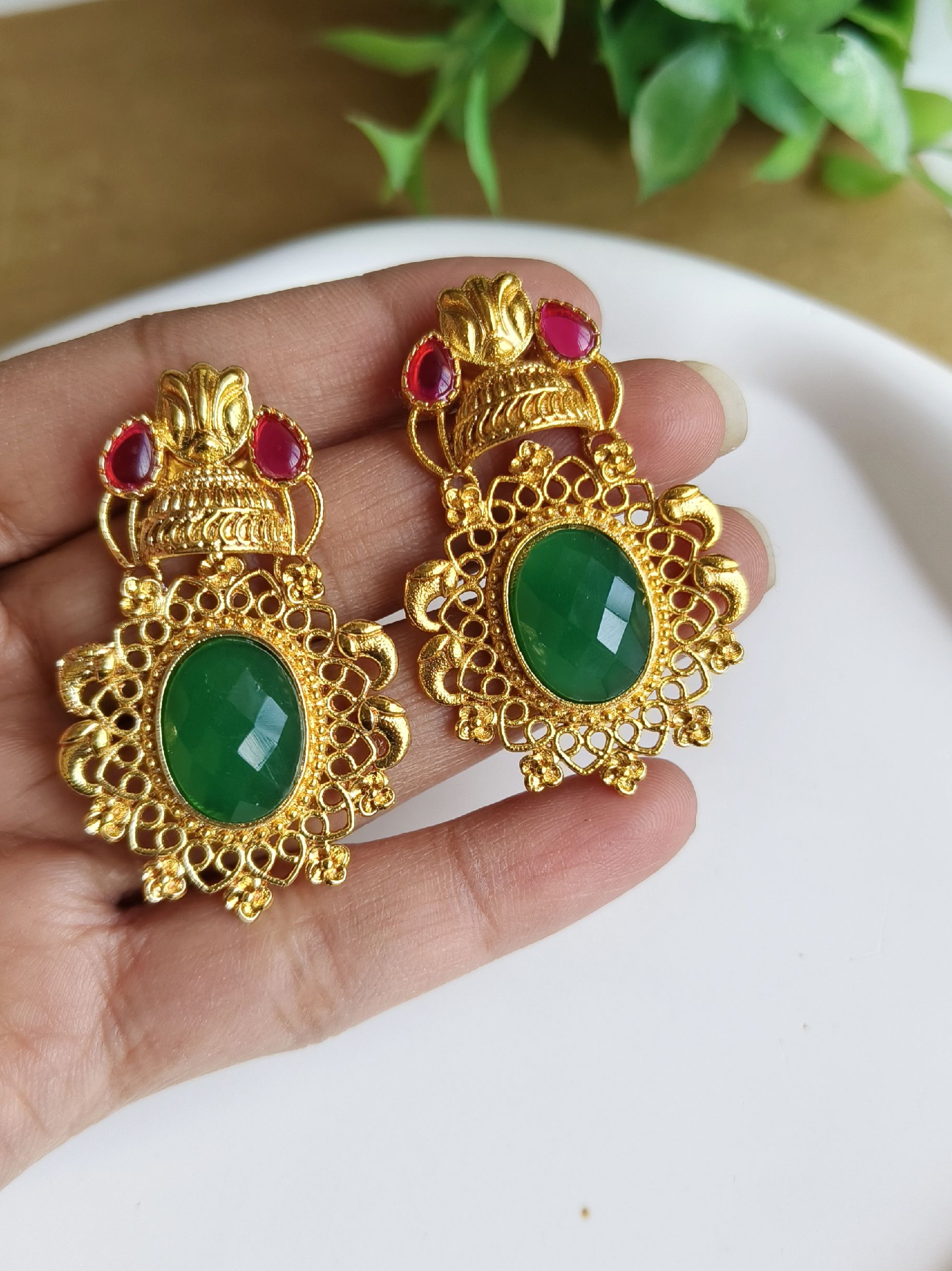 Gold-Plated Dangler Earrings with Jade & Monalisa Stones | Sarichka