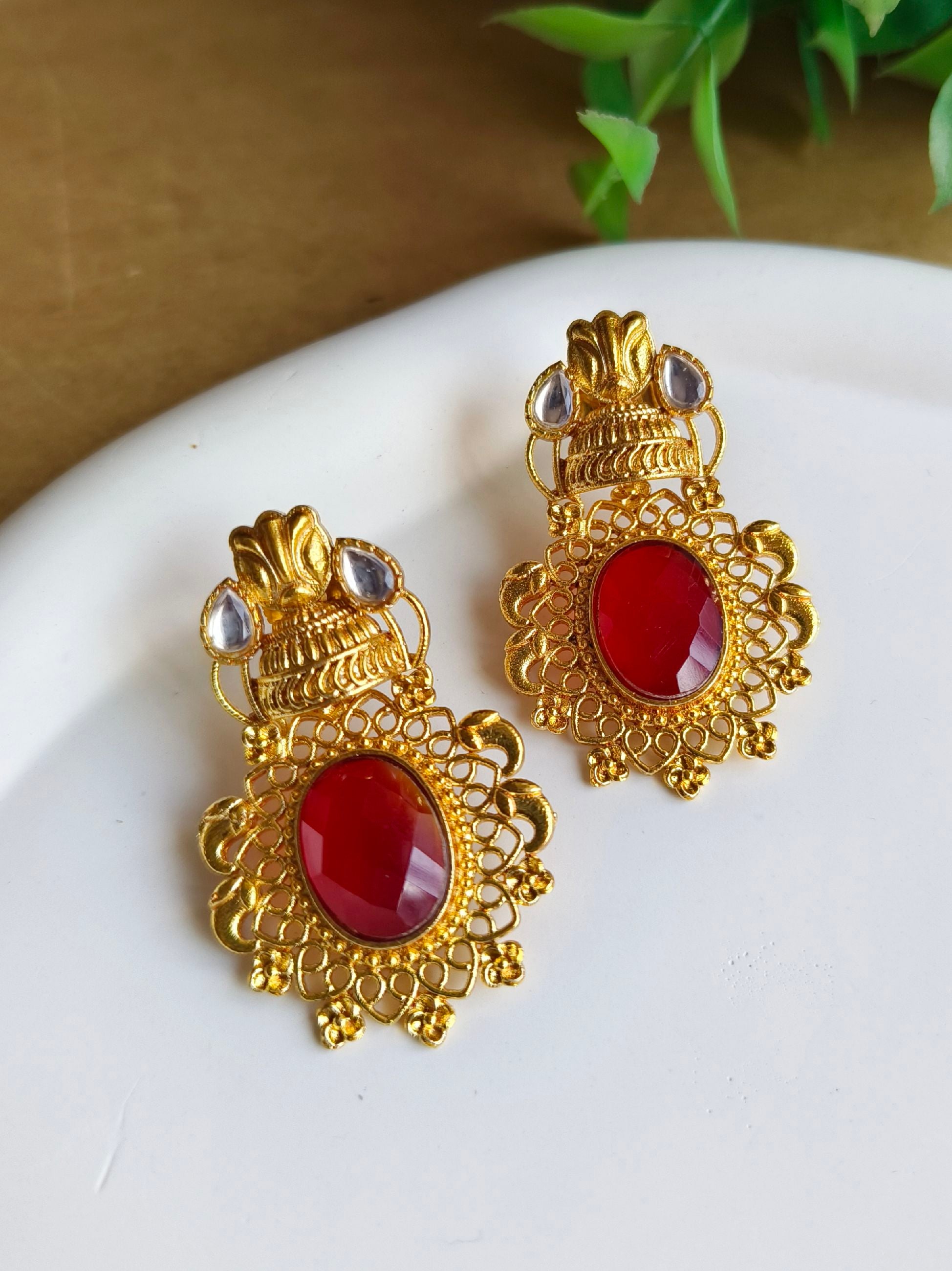 Gold-Plated Dangler Earrings with Jade & Monalisa Stones | Sarichka