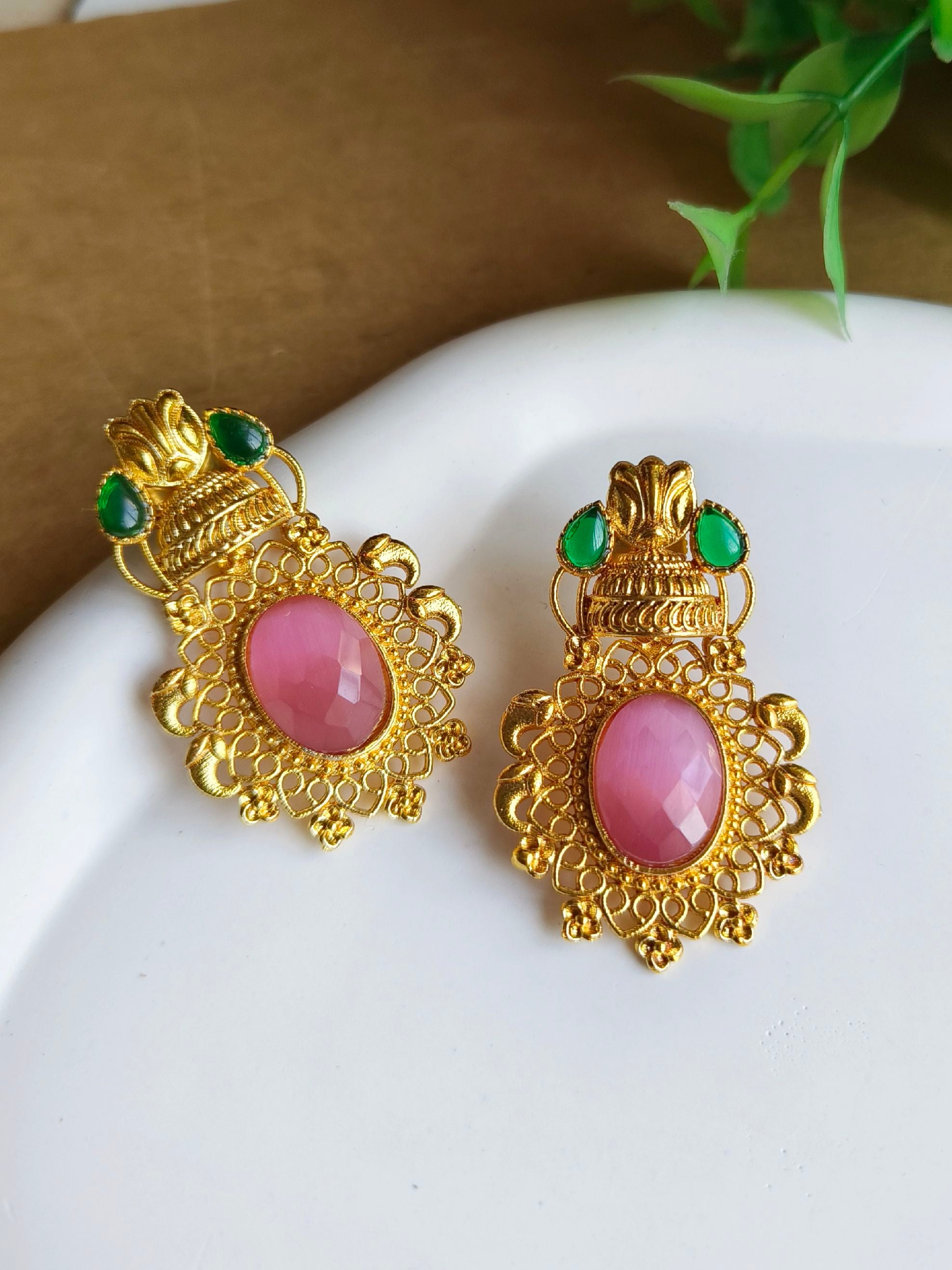 Gold-Plated Dangler Earrings with Jade & Monalisa Stones | Sarichka