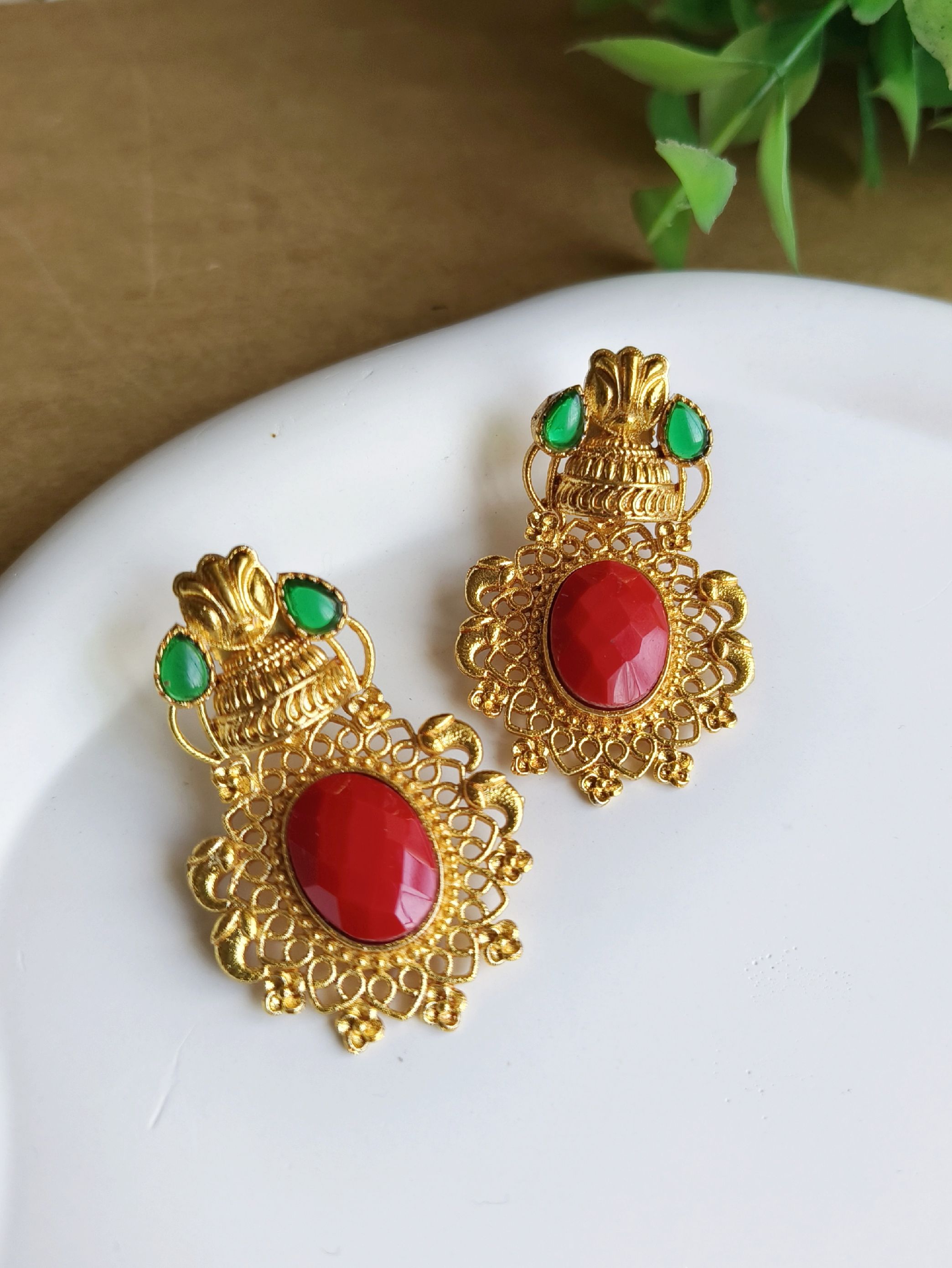 Gold-Plated Dangler Earrings with Jade & Monalisa Stones | Sarichka