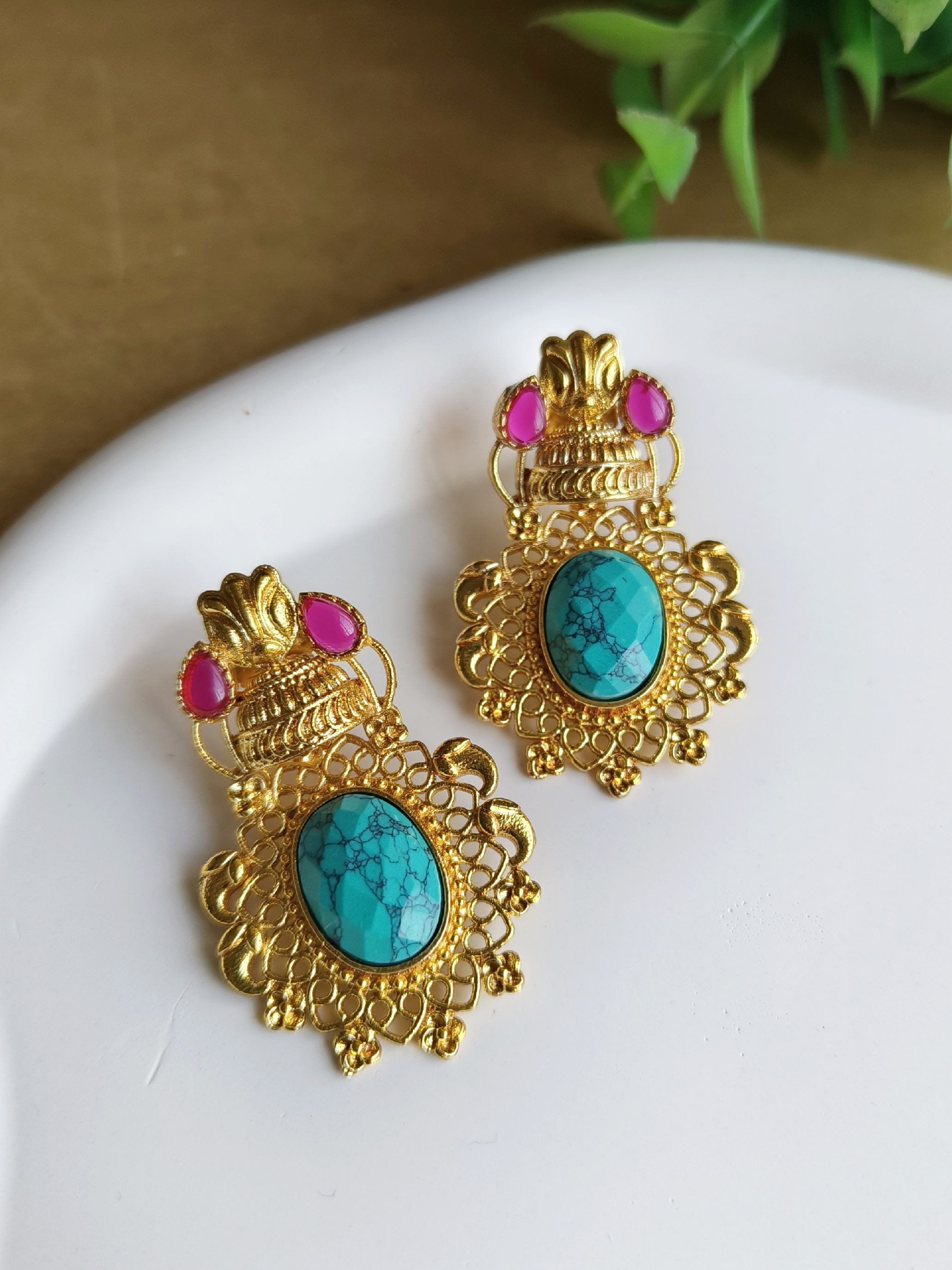 Gold-Plated Dangler Earrings with Jade & Monalisa Stones | Sarichka