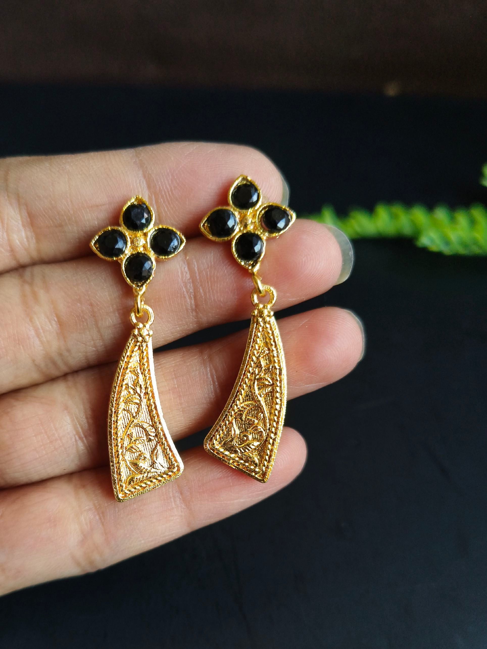 Gold-Plated Earrings with Flower Stones & Sword Shape Design | Sarichka