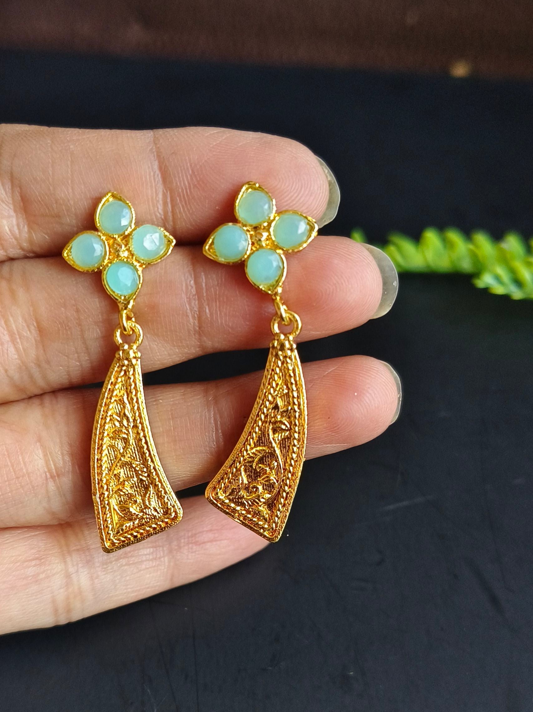 Gold-Plated Earrings with Flower Stones & Sword Shape Design | Sarichka