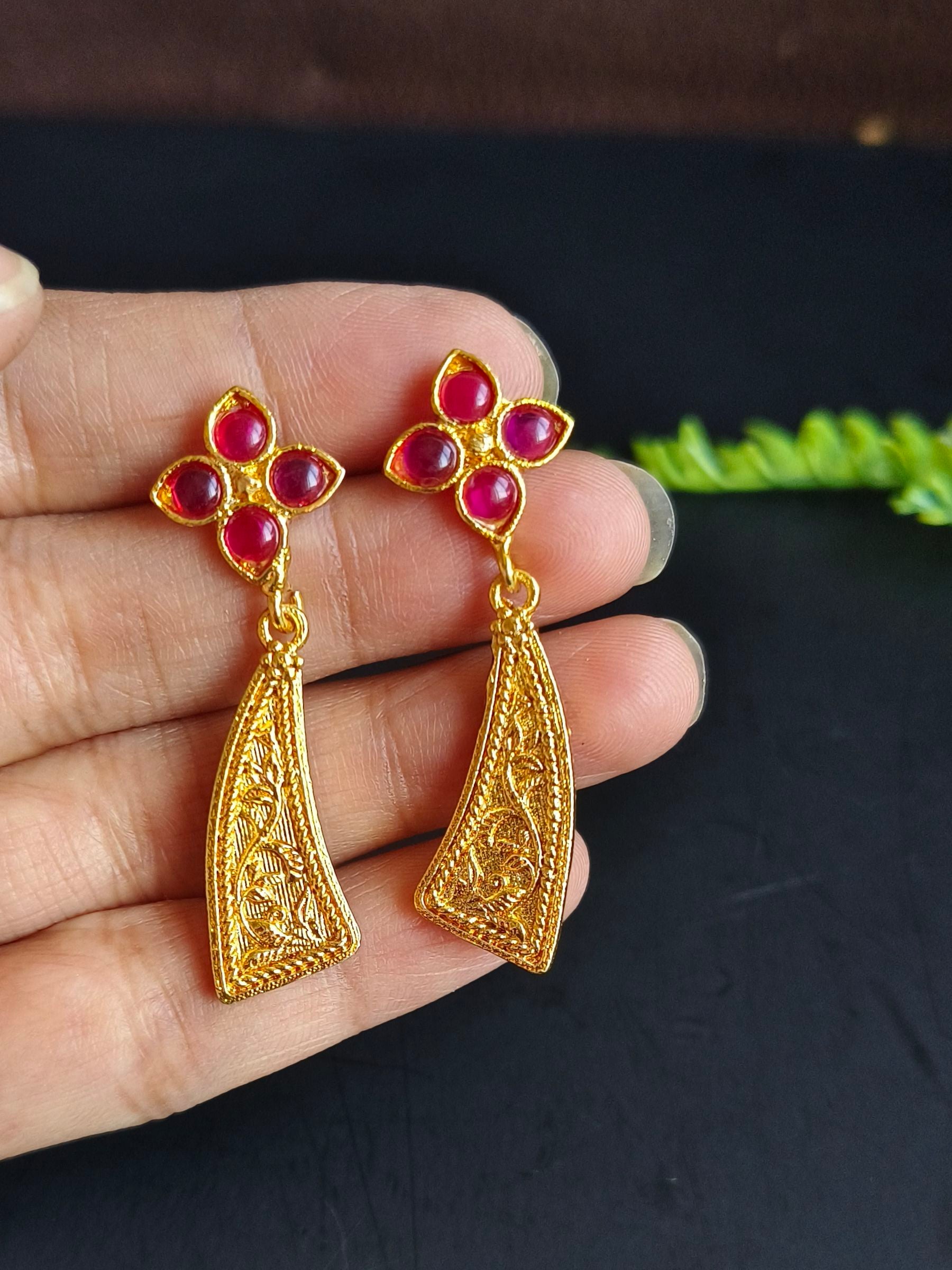 Gold-Plated Earrings with Flower Stones & Sword Shape Design | Sarichka