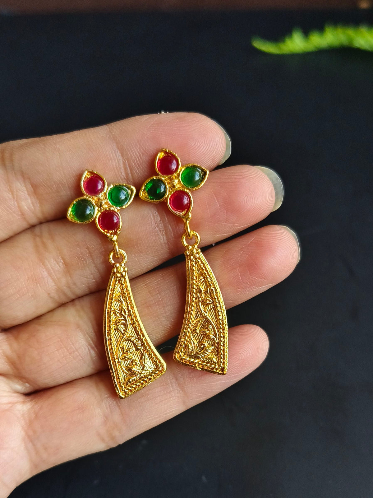 Gold-Plated Earrings with Flower Stones & Sword Shape Design | Sarichka