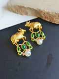 Brass Golden Nandi Stud Earrings with Pearl & Stone Detailing | Sarichka