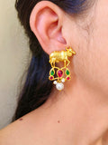 Brass Golden Nandi Stud Earrings with Pearl & Stone Detailing | Sarichka