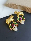 Brass Golden Nandi Stud Earrings with Pearl & Stone Detailing | Sarichka