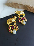 Brass Golden Nandi Stud Earrings with Pearl & Stone Detailing | Sarichka