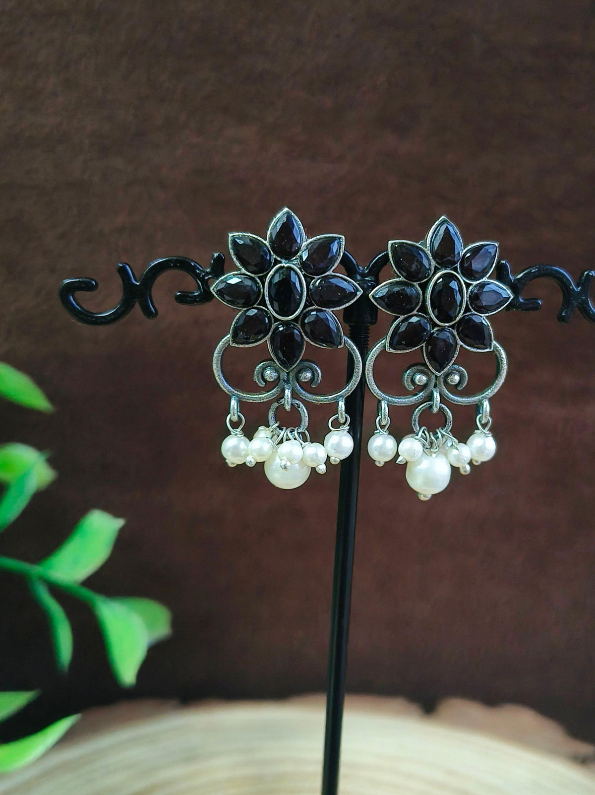 Floral Pearl Oxidised Stud Earrings | Sarichka