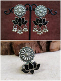 Brass Oxidized Enamel Stud with Finger Ring Earring | Sarichka