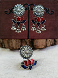 Brass Oxidized Enamel Stud with Finger Ring Earring | Sarichka