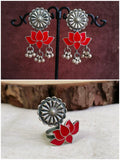 Brass Oxidized Enamel Stud with Finger Ring Earring | Sarichka