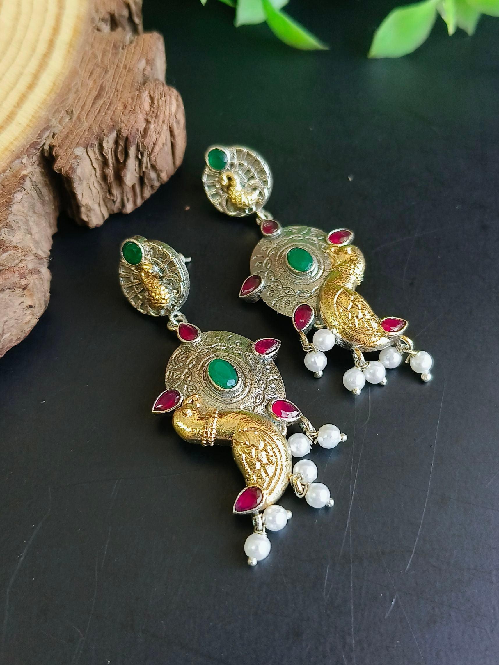 Peacock Oxidised Pearl Jhumki | Sarichka