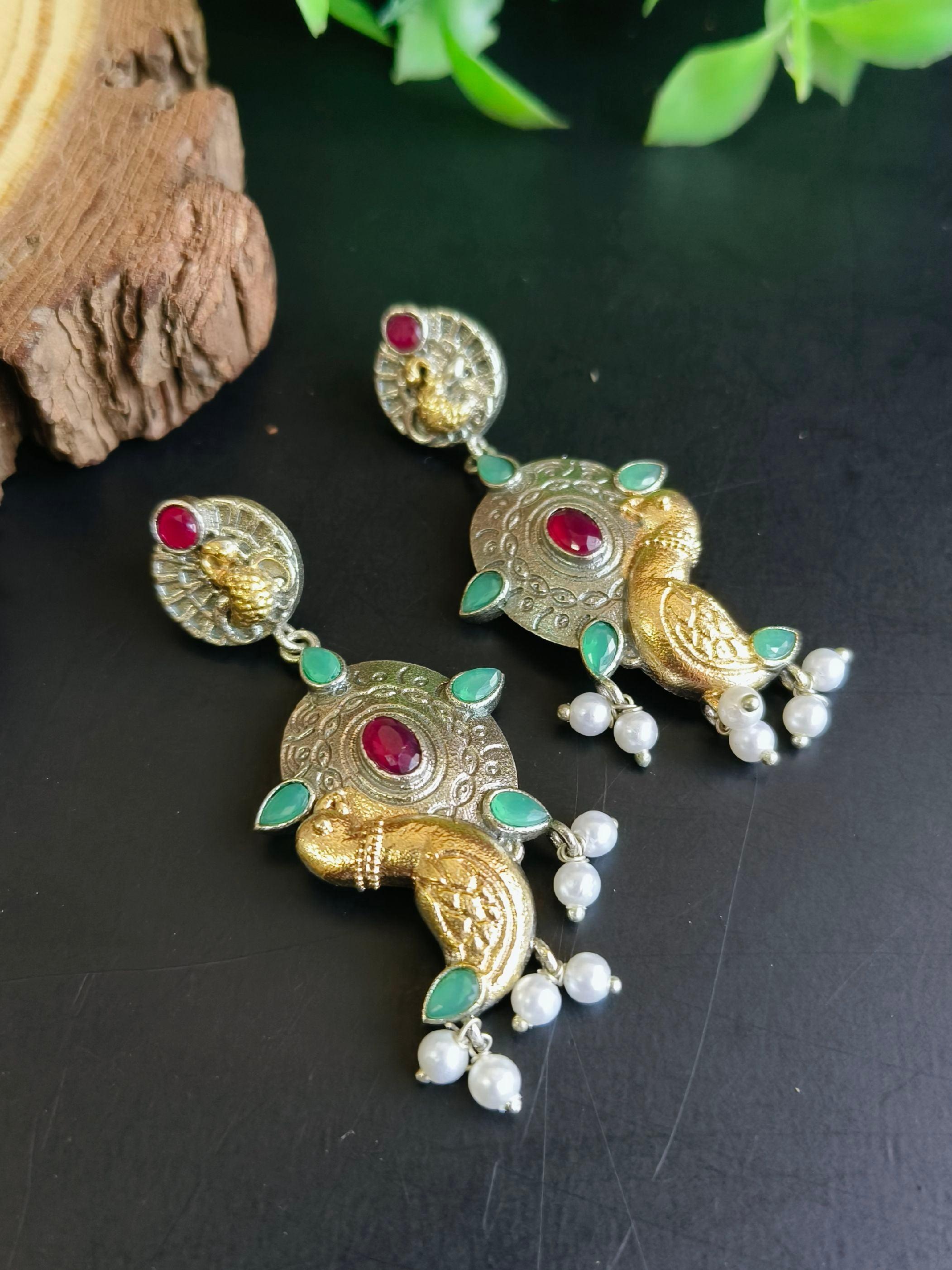 Peacock Oxidised Pearl Jhumki | Sarichka