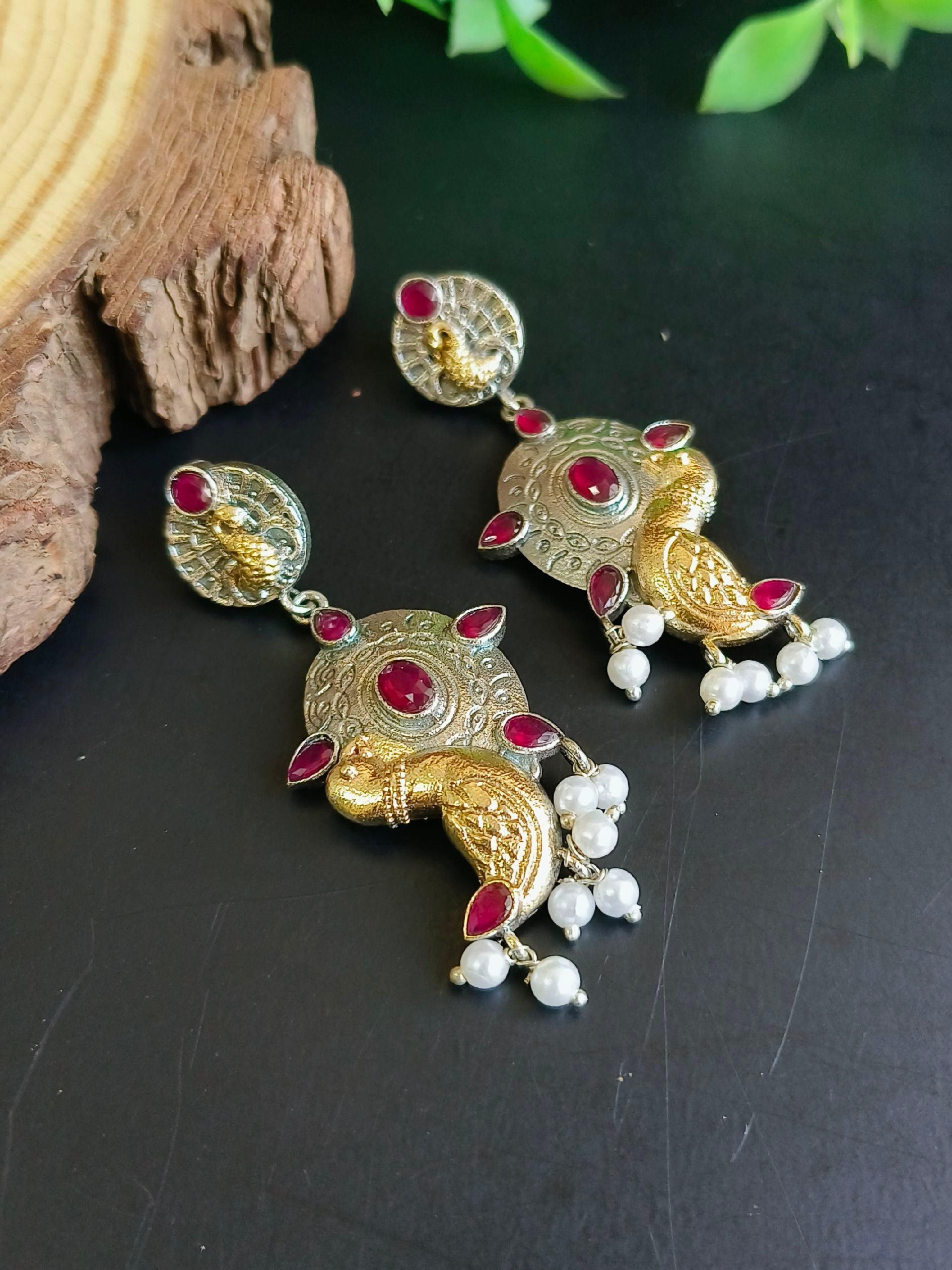 Peacock Oxidised Pearl Jhumki | Sarichka