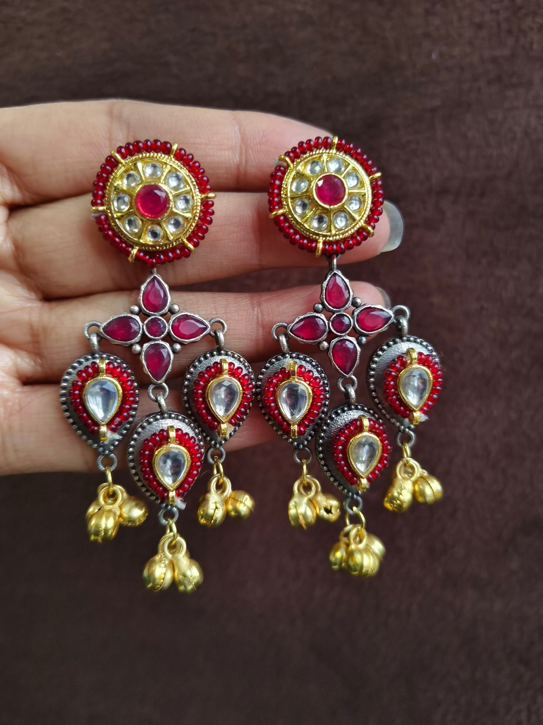 Oxidised Two-Tone Dangler Earrings with Kundan Work & Ghungroo | Sarichka