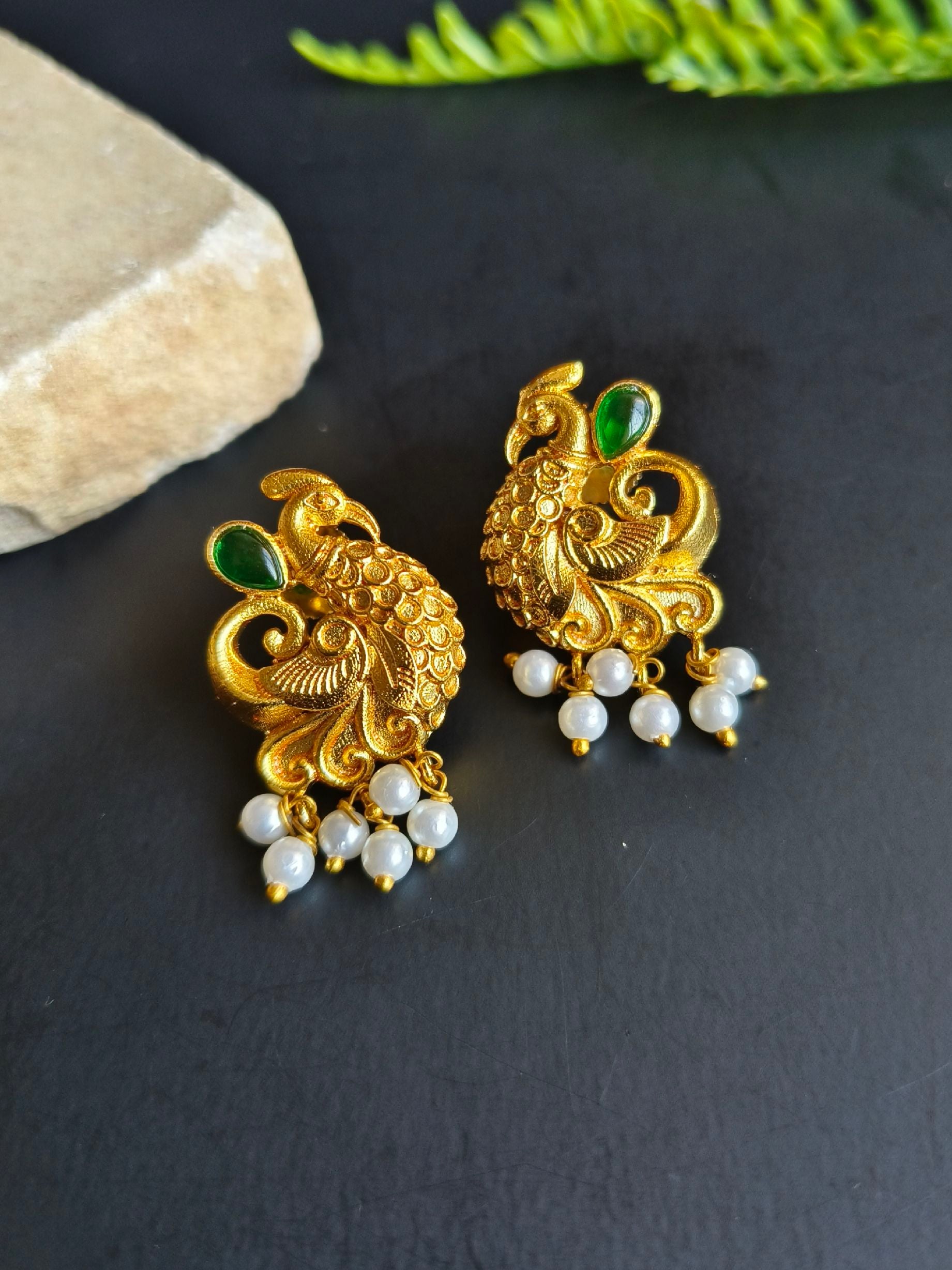 Gold-Plated Earrings with Stones, Pearls & Peacock Shape Design | Sarichka