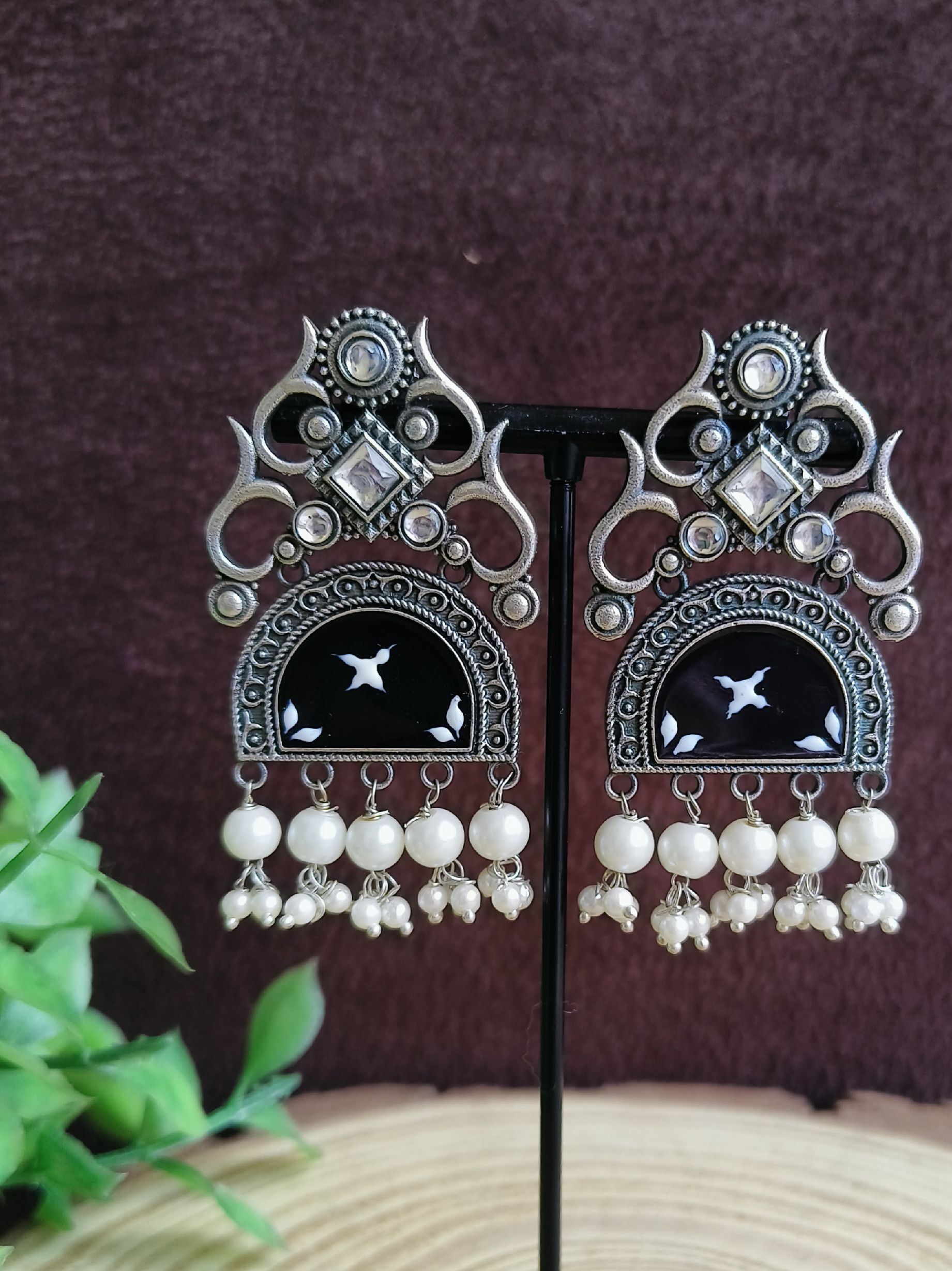  Pearl Oxidised Earrings 