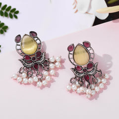 Oxidized Silver Plated Pearl And Stone Studded Earring - Sarichka Fashion