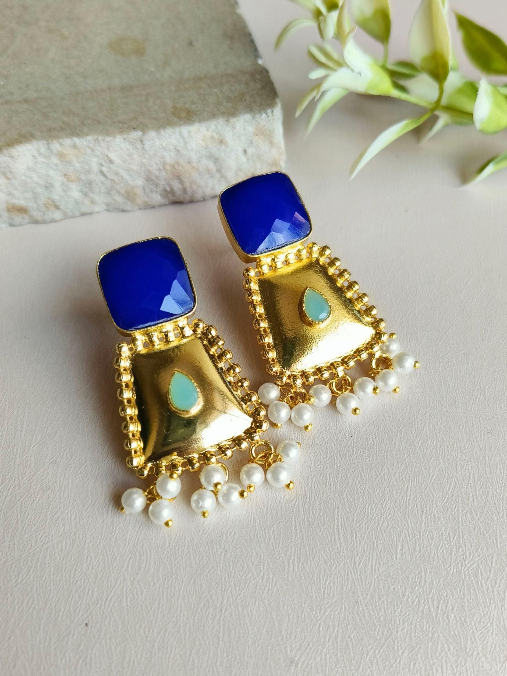 Handcrafted Gold-Plated Stud Earrings with Monalisa Stone & Pearls | Sarichka