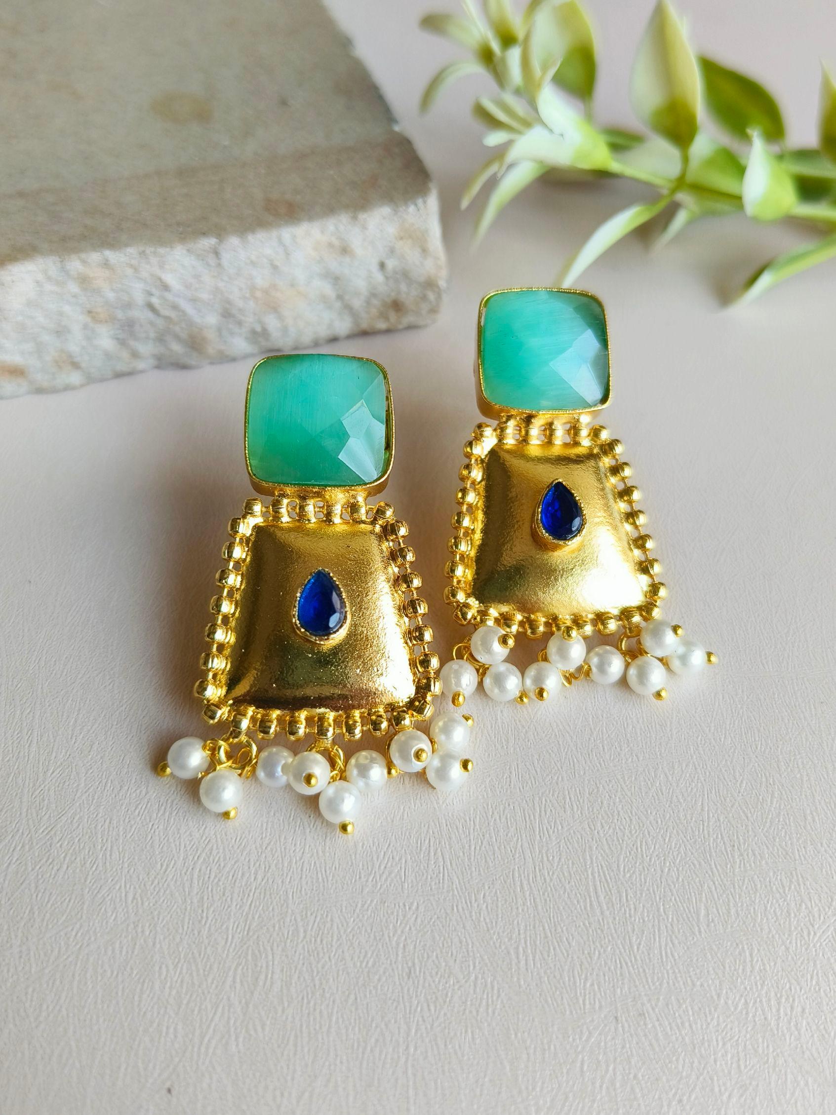 Handcrafted Gold-Plated Stud Earrings with Monalisa Stone & Pearls | Sarichka