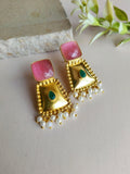 Handcrafted Gold-Plated Stud Earrings with Monalisa Stone & Pearls | Sarichka