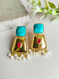 Handcrafted Gold-Plated Stud Earrings with Monalisa Stone & Pearls | Sarichka