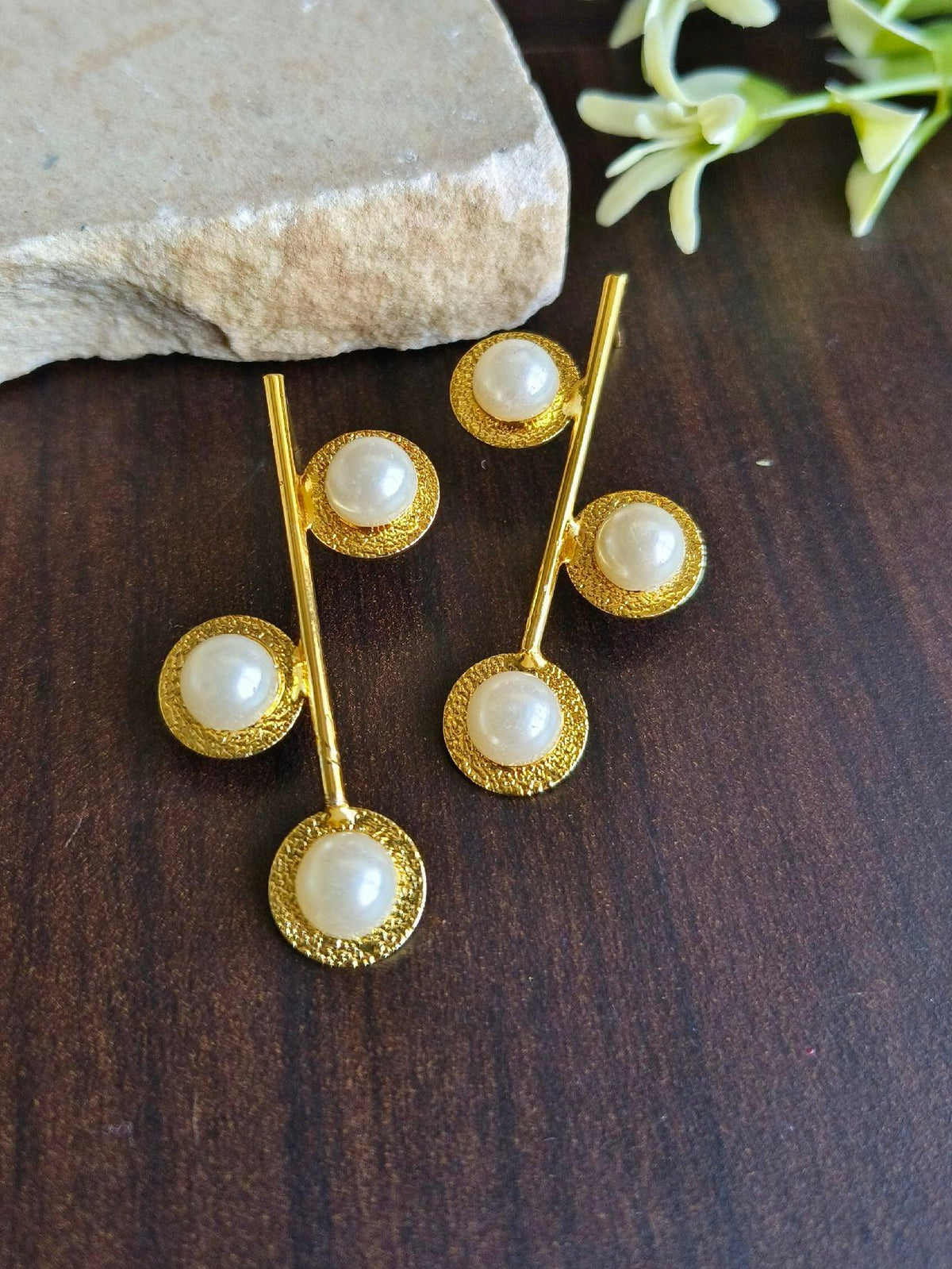 Long Gold Pleted Stud Earring with White Moti | Sarichka