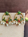 Traditional Golden Meenakari Hand-Painted Peacock Earrings with Pearls | Sarichka