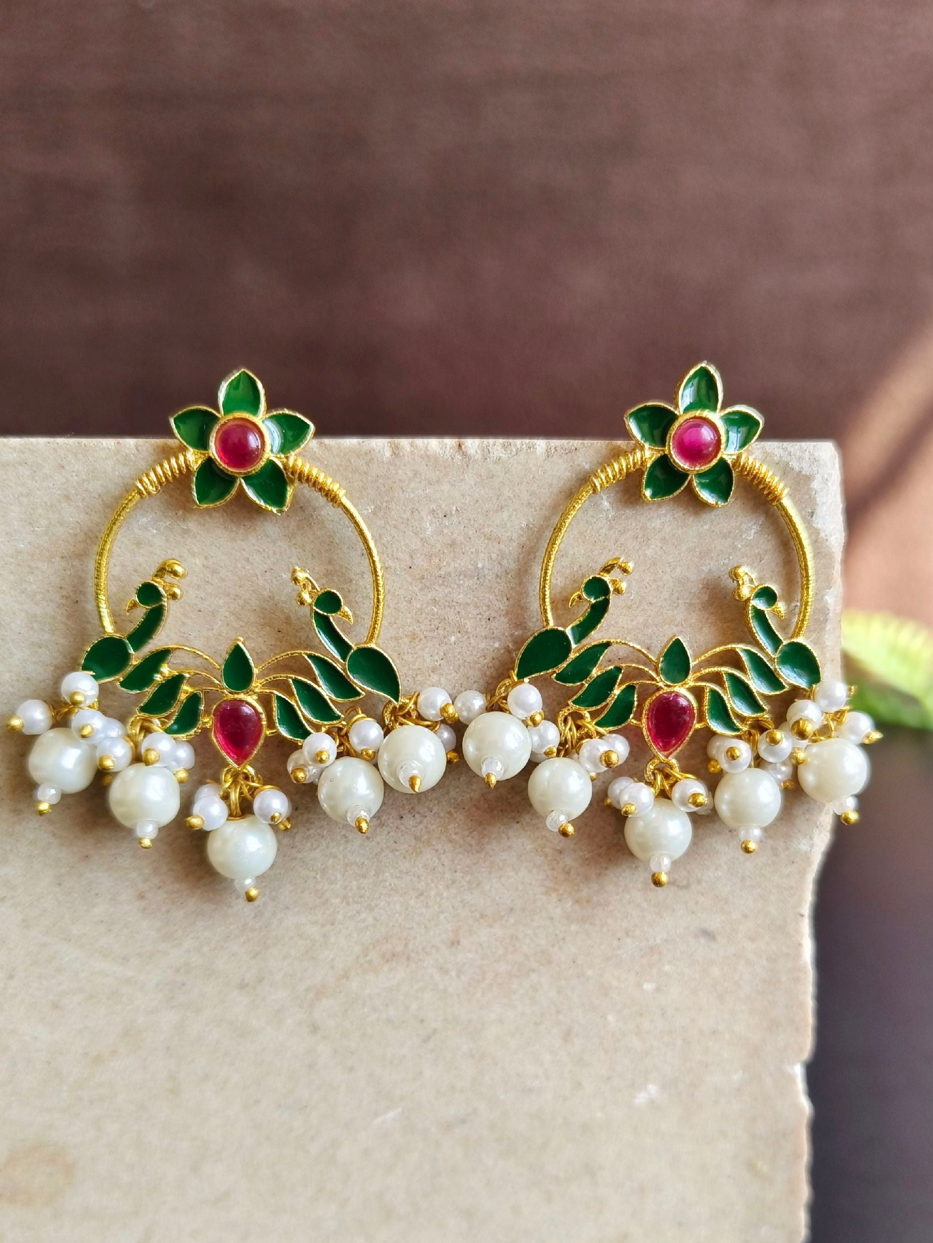 Traditional Golden Meenakari Hand-Painted Peacock Earrings with Pearls | Sarichka