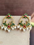 Traditional Golden Meenakari Hand-Painted Peacock Earrings with Pearls | Sarichka