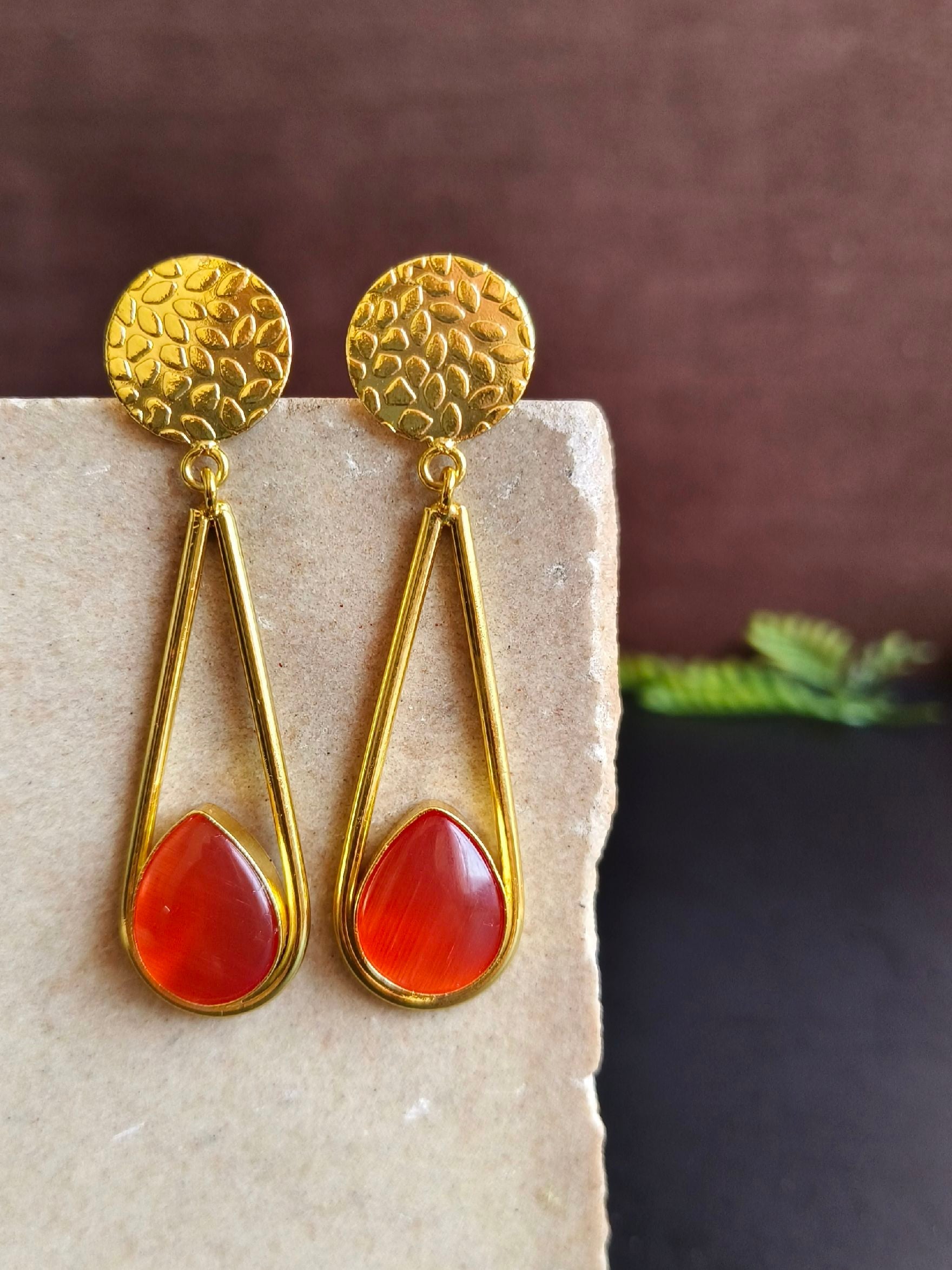 Handmade Gold Plated Long Dangler Earrings with Monalisa Stone | Sarichka