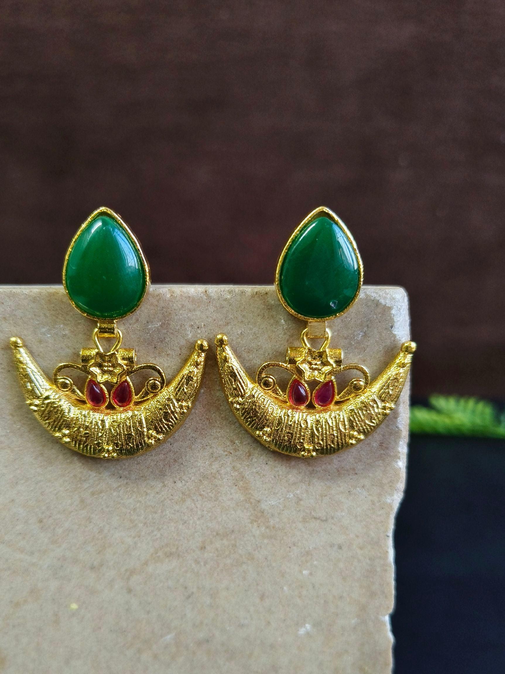 Half Moon Gold Plated Dangler Earrings with Monalisa Stone | Sarichka