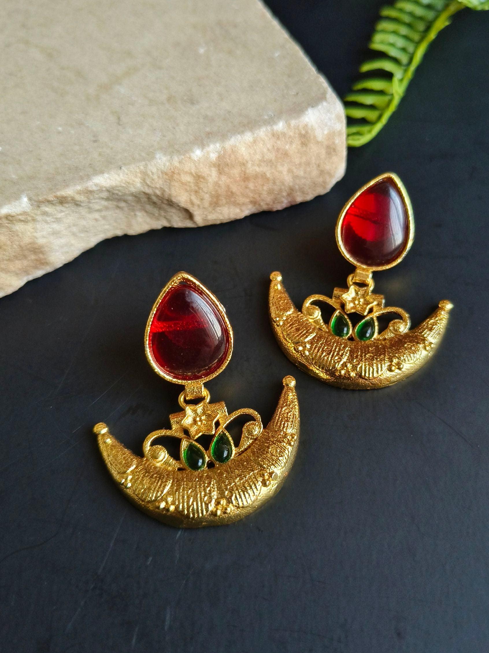 Half Moon Gold Plated Dangler Earrings with Monalisa Stone | Sarichka