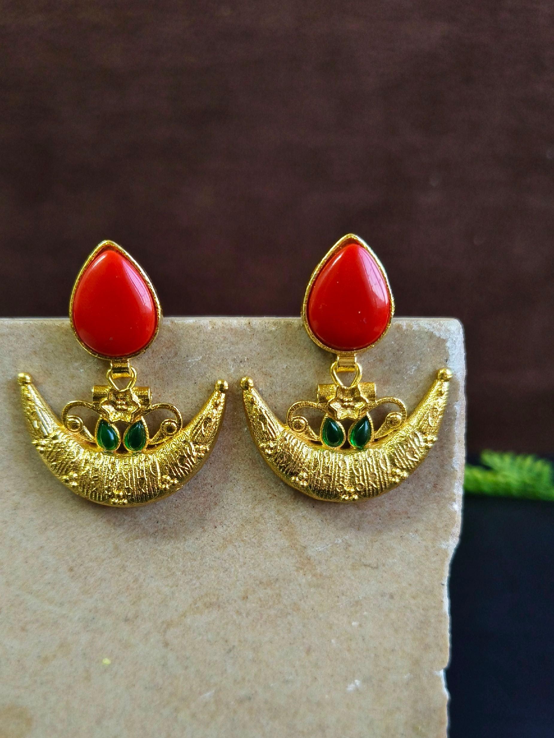 Half Moon Gold Plated Dangler Earrings with Monalisa Stone | Sarichka